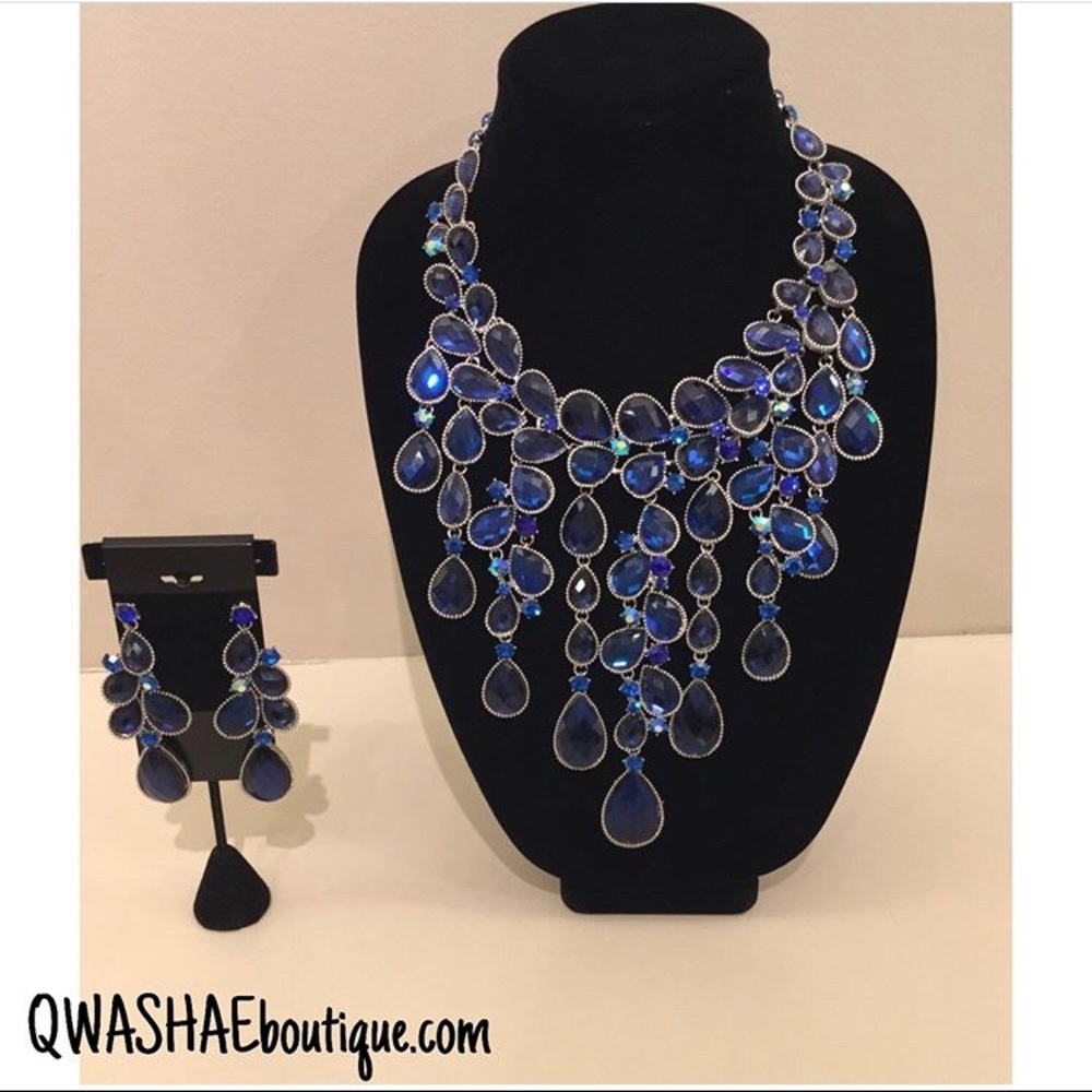 Blue Rhinestone Ocean Necklace and Earrings